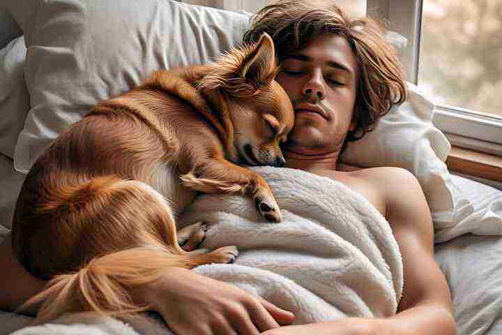 Dog sleeping above owner